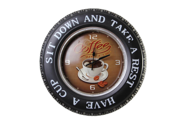 Dekoratif Araba Tekerleği Coffea TimeTemalı Saatli Led Işıklı    - 1