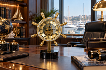 Dekoratif Gold Ship Wheel Mekanik Dümen Saat - Thumbnail