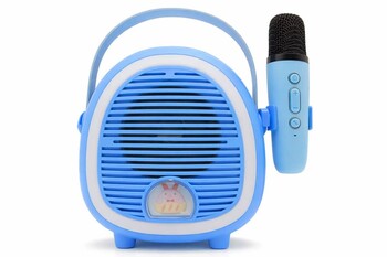 CROWNWELL - Çocuklara Özel Retro Tasarımlı Bluetooth Karaoke Mikrofon ve Ahşap Tripodlu – Mavi