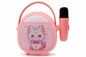 CROWNWELL - Çocuklara Özel Retro Tasarımlı Bluetooth Karaoke Mikrofon ve Ahşap Tripodlu – Pembe 