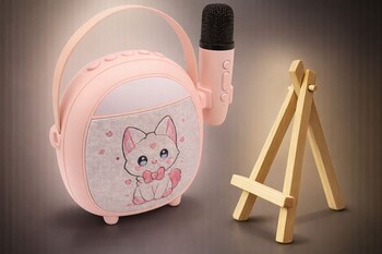 Çocuklara Özel Retro Tasarımlı Bluetooth Karaoke Mikrofon ve Ahşap Tripodlu – Pembe - Thumbnail