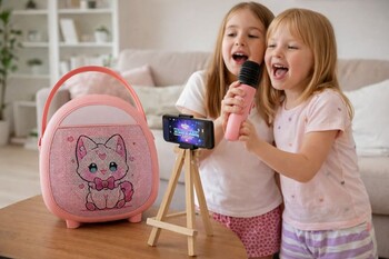 Çocuklara Özel Retro Tasarımlı Bluetooth Karaoke Mikrofon ve Ahşap Tripodlu – Pembe - Thumbnail