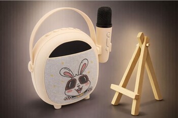 Çocuklara Özel Retro Tasarımlı Bluetooth Karaoke Mikrofon ve Ahşap Tripodlu – Beyaz - Thumbnail