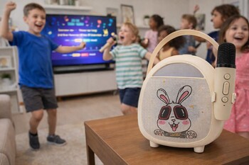 Çocuklara Özel Retro Tasarımlı Bluetooth Karaoke Mikrofon ve Ahşap Tripodlu – Beyaz - Thumbnail