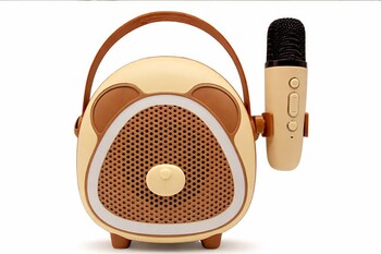 CROWNWELL - Çocuklara Özel Retro Tasarımlı Bluetooth Karaoke Mikrofon ve Ahşap Tripodlu – Kahverengi