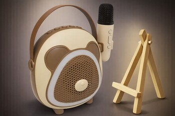 Çocuklara Özel Retro Tasarımlı Bluetooth Karaoke Mikrofon ve Ahşap Tripodlu – Kahverengi - Thumbnail