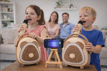 Çocuklara Özel Retro Tasarımlı Bluetooth Karaoke Mikrofon ve Ahşap Tripodlu – Kahverengi - Thumbnail