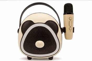 CROWNWELL - Çocuklara Özel Retro Tasarımlı Bluetooth Karaoke Mikrofon ve Ahşap Tripodlu –Koyu Kahverengi