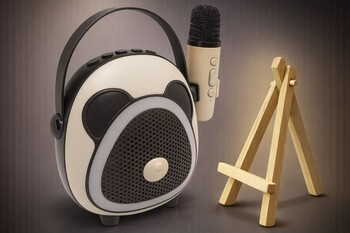 Çocuklara Özel Retro Tasarımlı Bluetooth Karaoke Mikrofon ve Ahşap Tripodlu –Koyu Kahverengi - Thumbnail