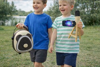 Çocuklara Özel Retro Tasarımlı Bluetooth Karaoke Mikrofon ve Ahşap Tripodlu –Koyu Kahverengi - Thumbnail