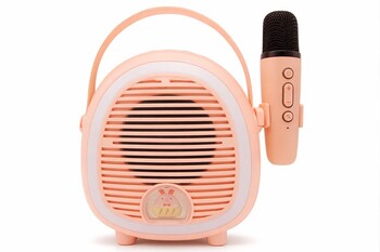 CROWNWELL - Çocuklara Özel Retro Tasarımlı Bluetooth Karaoke Mikrofon ve Ahşap Tripodlu – Pembe