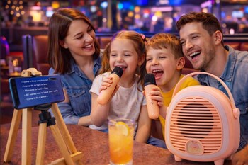 Çocuklara Özel Retro Tasarımlı Bluetooth Karaoke Mikrofon ve Ahşap Tripodlu – Pembe - Thumbnail